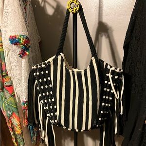 3. BLACK WHITE FRINGE BEACH BAG